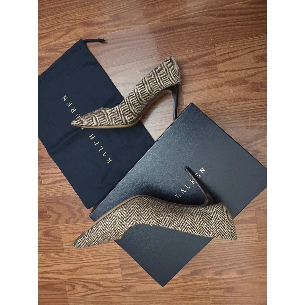 Ralph Lauren Purple Label Armissa Herringbone Tweed Pumps Brown EU 39.5 Italy‎